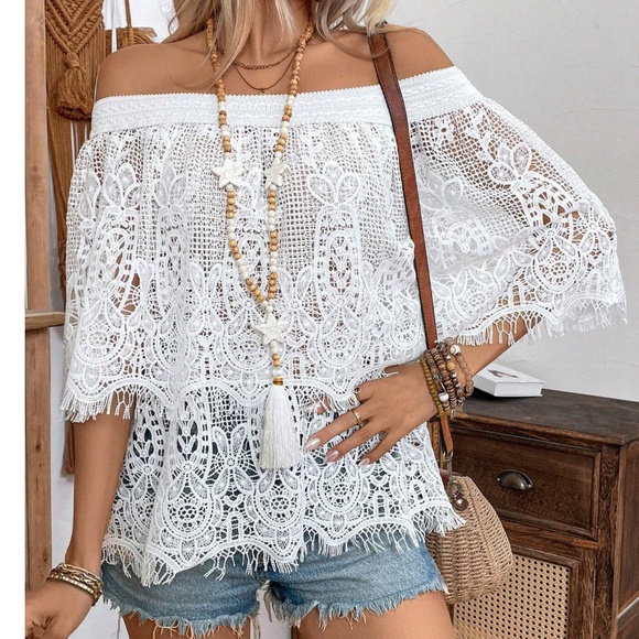 Boho White Lace Off Shoulder Blouse - Picture 7 of 7